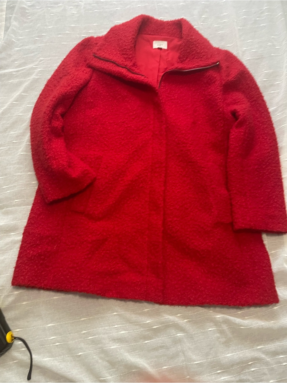 Loft Women’s Red Bouclé Coat - Classic Zip-Front Jacket